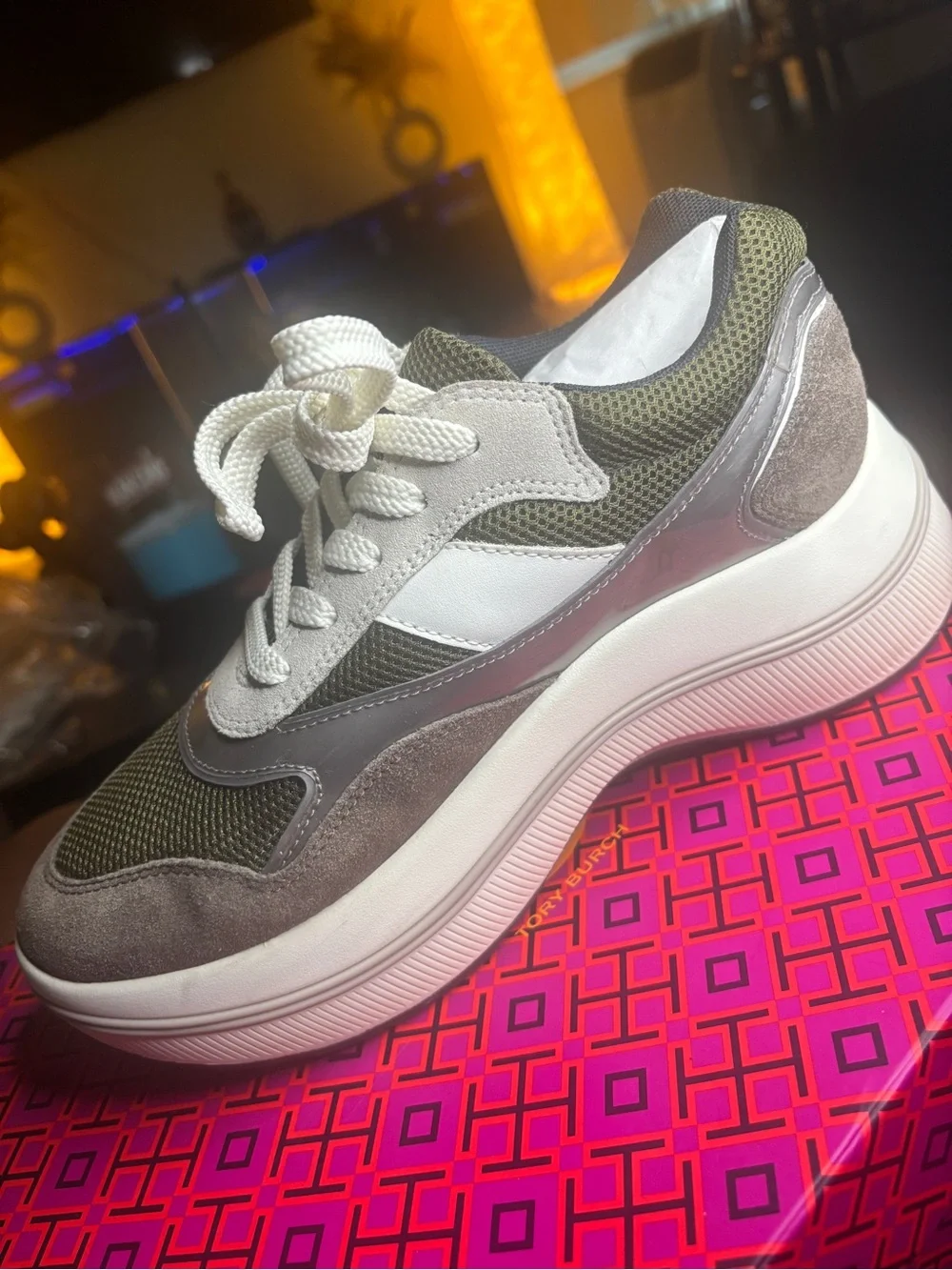 Tory Burch Olive Green and Gray Chunky Lace-Up Sneaker
